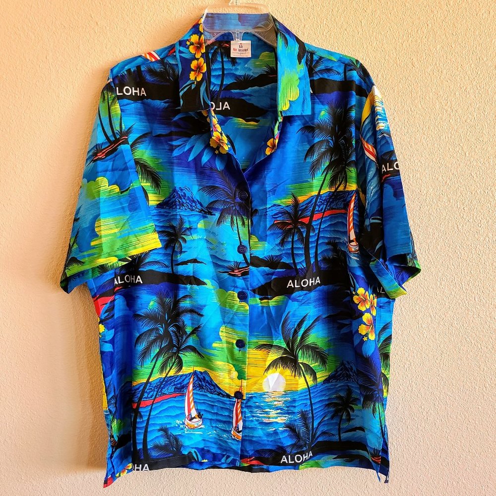 La Leela Women's Aloha Beach Blouse Top Hawaiian Shirt Blue Women's Large EUC